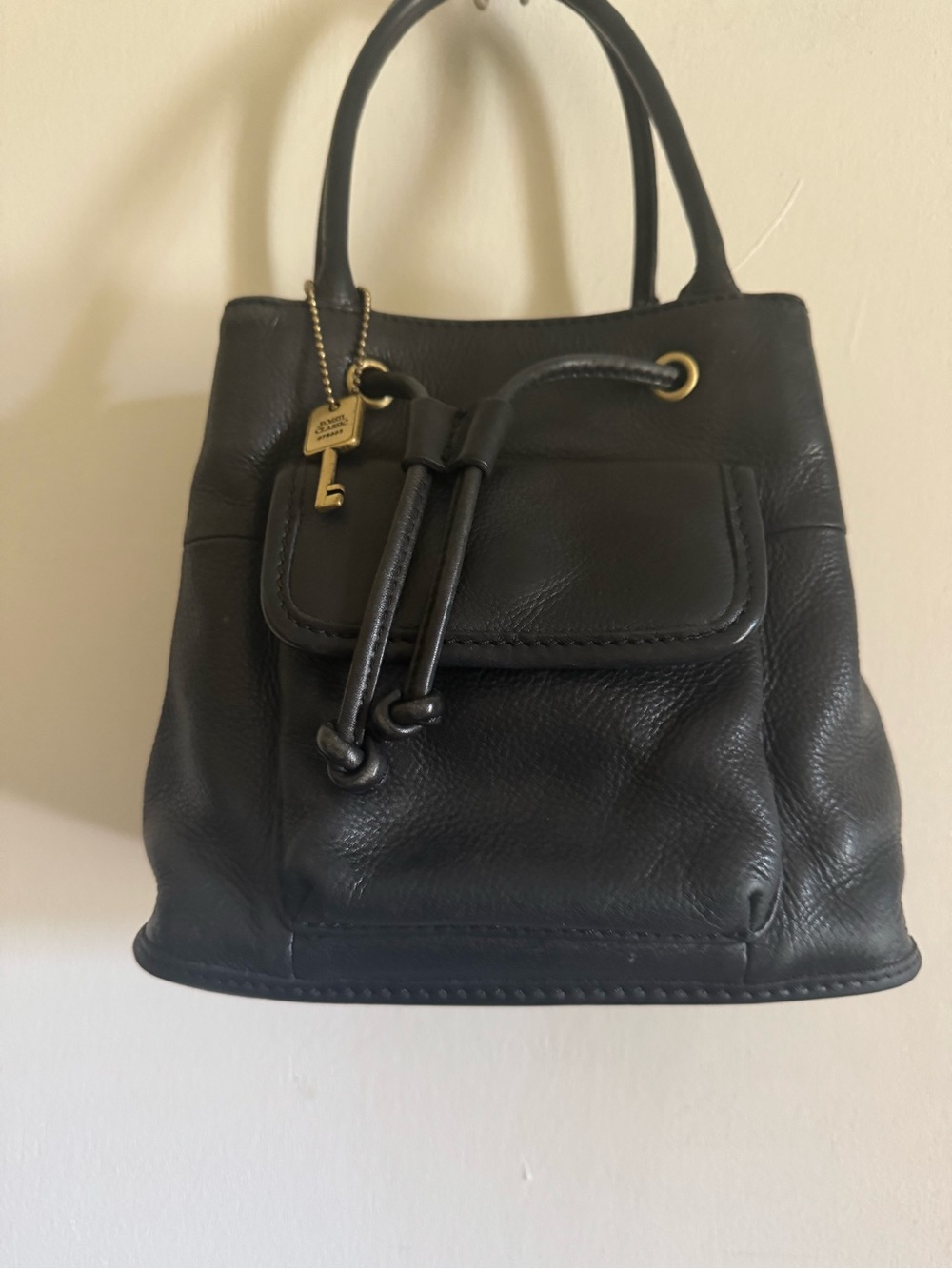 Fossil Black Leather Drawstring Satchel with Gold Key Charm